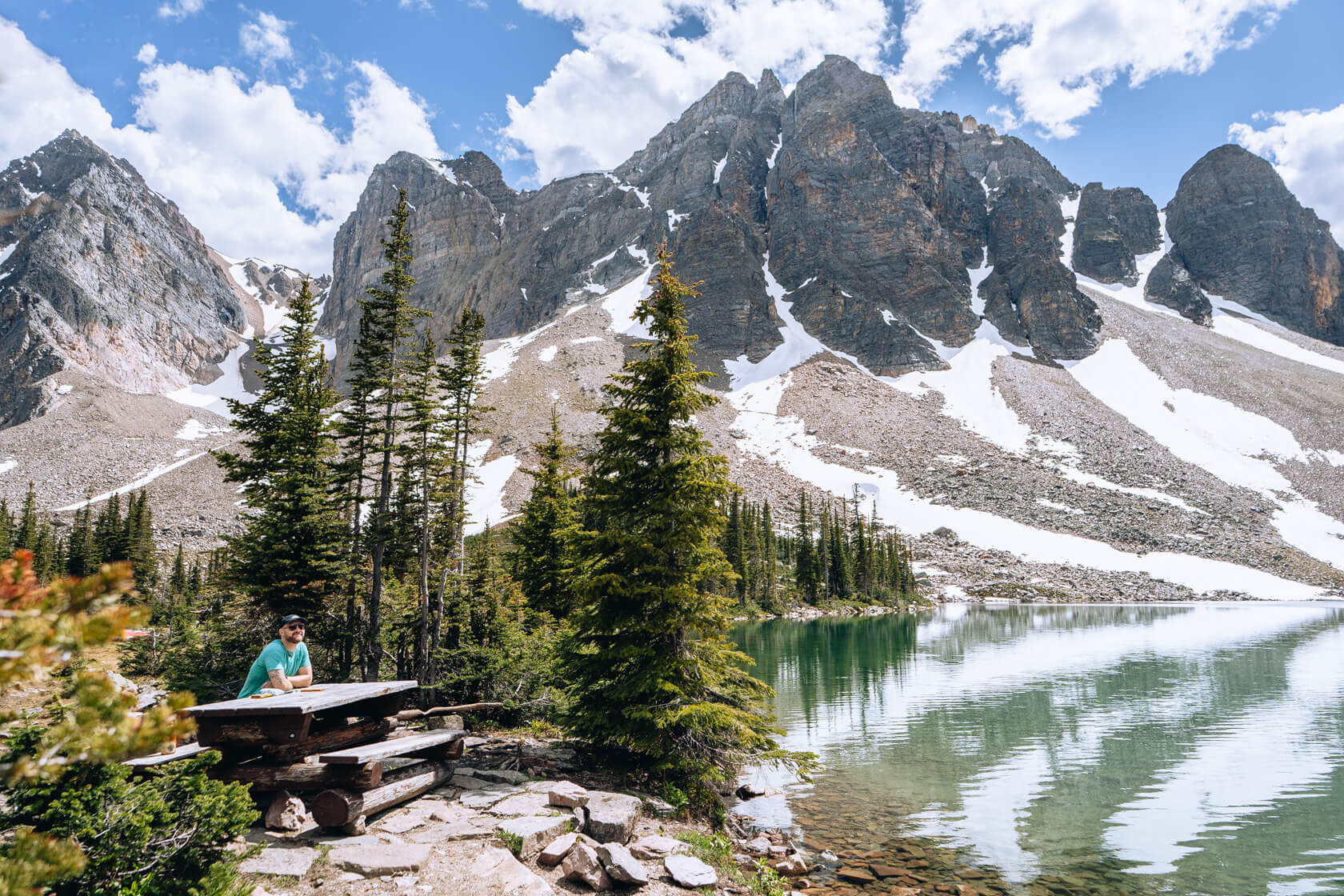 Man sitting on the bench by Gorman Lake 