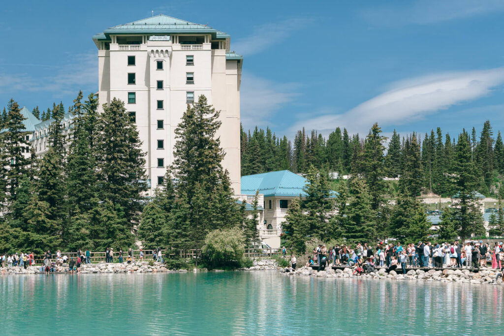 view of Fairmont Chateau Lake Louise from the other side of the lake