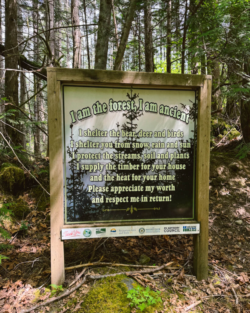 Forest conservation sign on the Mount Daniel trail reminding visitors to protect the forest