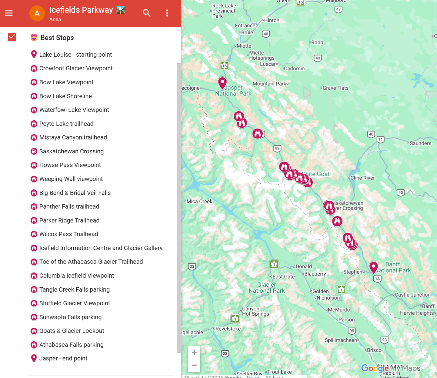 Interactive Map of Icefields Parkway stops