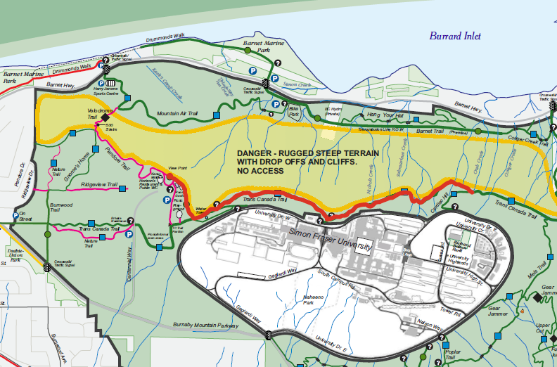 Map showing trails on Burnaby Mountain